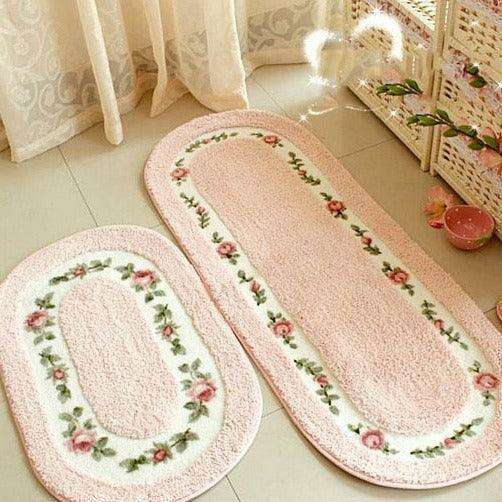 Chic Pink Rose Oval Rug Set - 2 Elegant Mats for Stylish Home Decor