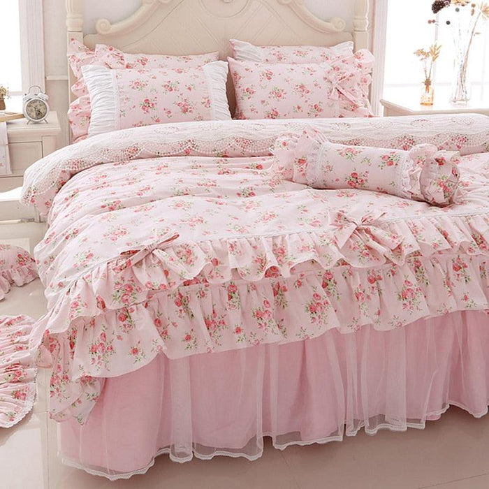 Elegant Pink Floral Princess Cotton Bedding Set for Luxurious Comfort