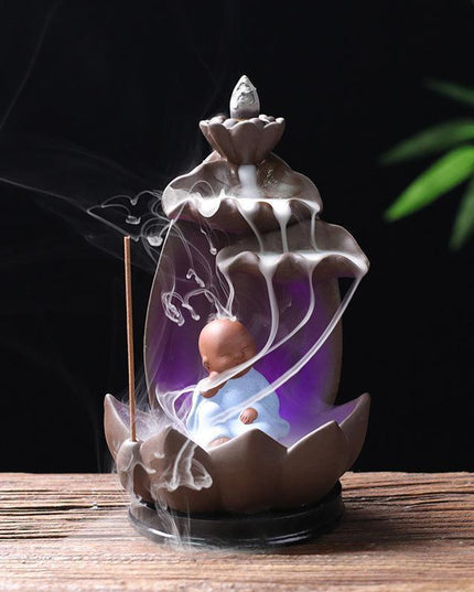 Serene Zen Monk Backflow Incense Waterfall with Illuminating LED for a Calming Environment