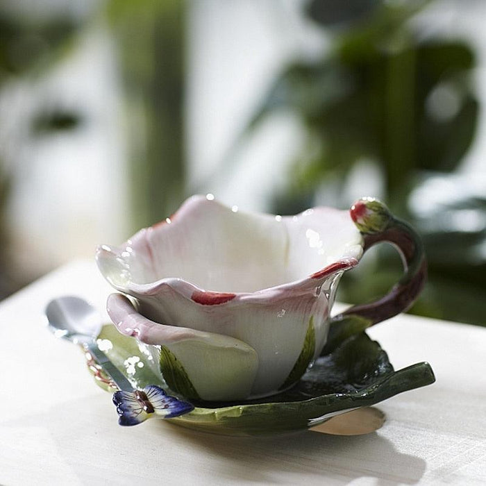 Elevate Your Morning Routine with Handcrafted Pink Rose Ceramic Coffee Set