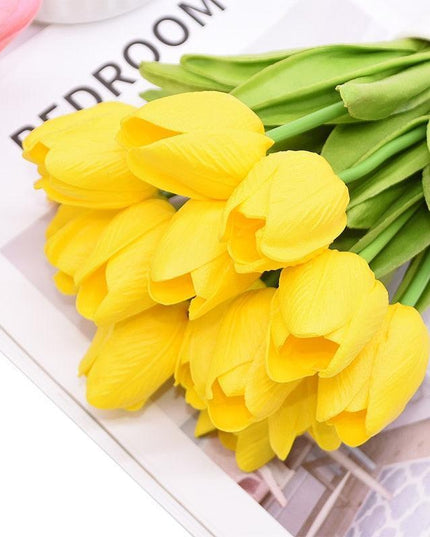 Realistic White and Yellow Tulip Arrangement - Luxurious Artificial Flower Set