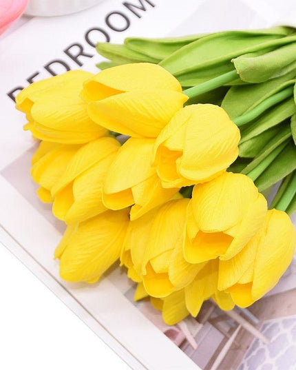 Charming Yellow and White Realistic Tulip Bouquet - Set of 10 Lifeslike Flowers for Any Occasion