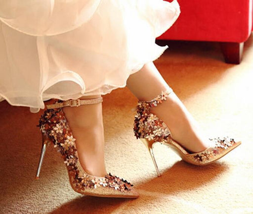 Luxury Botanica Pointed Toe Wedding Pumps with Sequined Flowers and High Heels