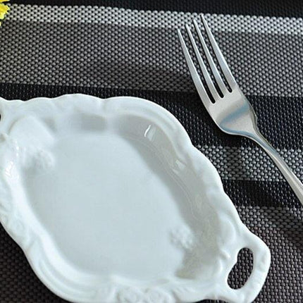 Elegant White Pottery Serving Tray with Embossed Design and Dual Handles