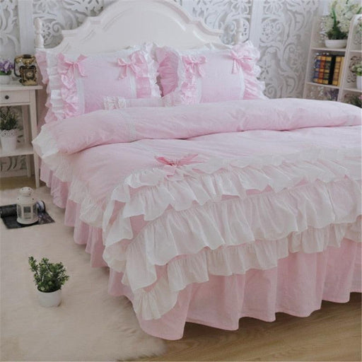 New Luxury Layers Bedding Set Sweet Princess Bow Ruffle Duvet Cover Wedding Bedding Pink Bed Sheet Girl Baby Bed Skirt Cover-0-Très Elite-pink-Twin Plus-Très Elite