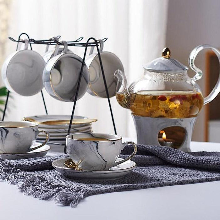 Porcelain Marbled Tea Set with Gold Accents