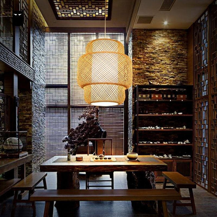 Bamboo Wicker Ratan Lantern Shade Pendant Light Fixture Asian Japanese Suspension Lamp Plafon Luminaria Dining Table Study Room