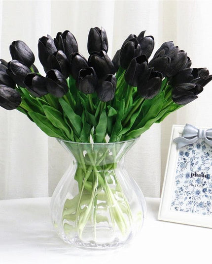 Chic Black Rose Tulip Latex Floral Arrangement - Set of 15 Handcrafted Elegance