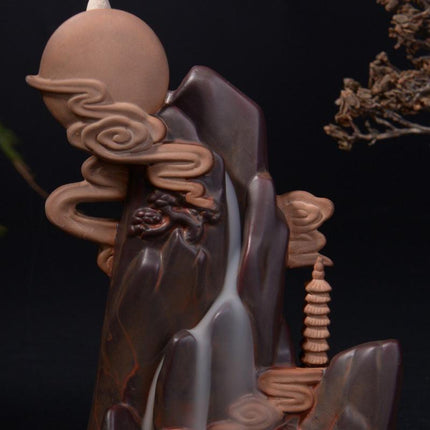 Serene Cascading Waterfall Ceramic Incense Holder - Earthy Brown Finish