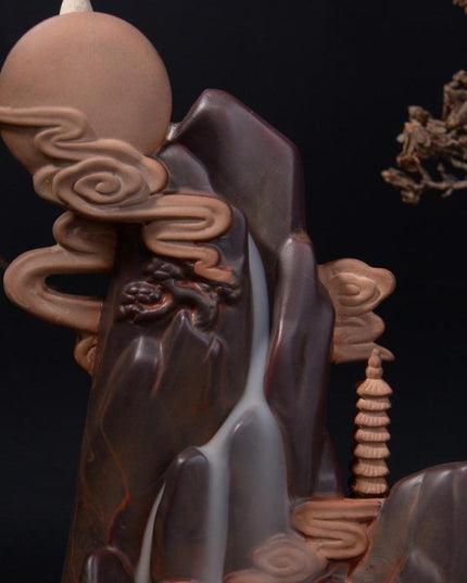 Serene Cascading Waterfall Ceramic Incense Holder - Earthy Brown Finish