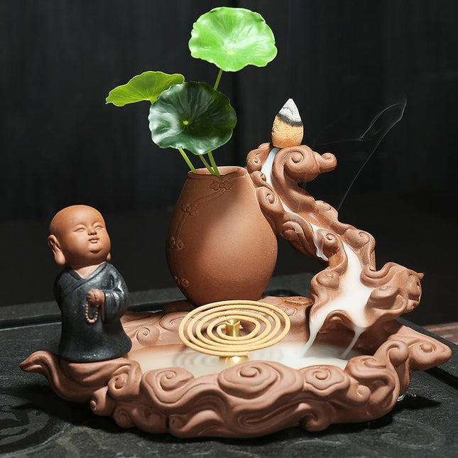 Tranquil Monk Waterfall Backflow Incense Holder with Elegant Buddha Motif - Calming Smoke Fountain for Relaxed Ambiance
