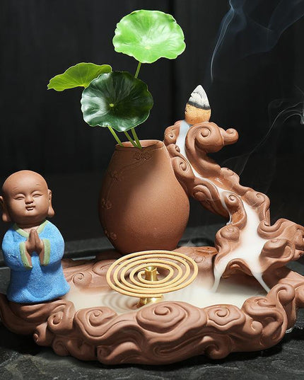 Tranquil Monk Waterfall Backflow Incense Holder with Elegant Buddha Motif - Calming Smoke Fountain for Relaxed Ambiance