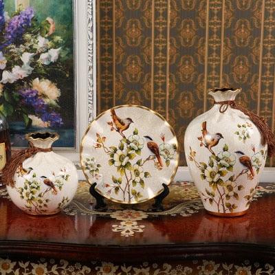European Sophistication: 3-Piece Ceramic Vase Set with 3D Stereoscopic Design