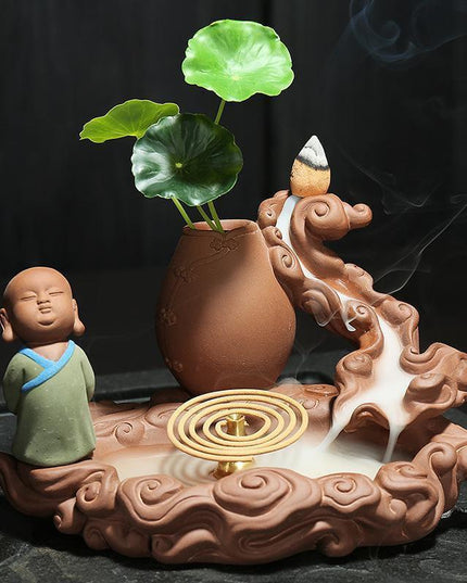 Tranquil Monk Waterfall Backflow Incense Holder with Elegant Buddha Motif - Calming Smoke Fountain for Relaxed Ambiance