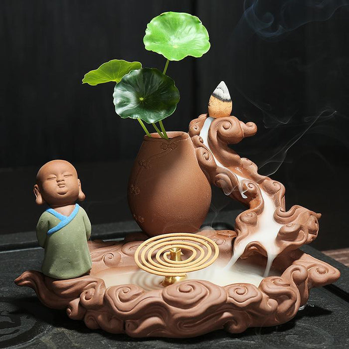 Cute Little Monk Buddha Smoke Waterfall Backflow Incense Burner