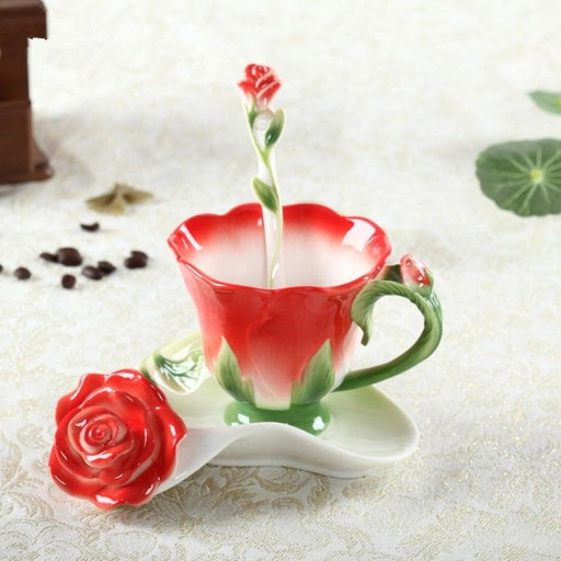 Red Rose Flowers Coffee Cups With Saucer Spoon Hadmade 3D Ceramic Tea Milk Mugs Set Breakfast Water Bottle Christmas Lover Gifts-0-Très Elite-<200ml-A-Très Elite