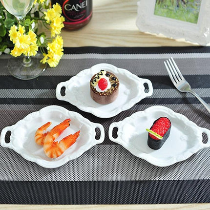 Elegant White Pottery Serving Tray with Embossed Design and Dual Handles