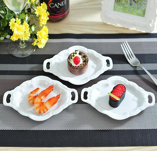 Embossed White Ceramic Serving Tray with Double Handles
