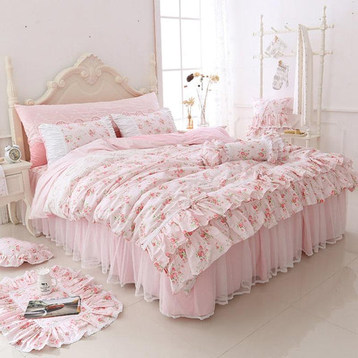 100% Cotton Floral Printed Princess Bedding Set Twin King Queen Size Pink Girls Lace Ruffle Duvet Cover Bedspread Bed Skirt Set-0-Très Elite-A-Bed Skirt Style-Full size 4pcs-Très Elite