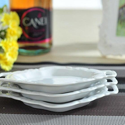 Elegant White Pottery Serving Tray with Embossed Design and Dual Handles