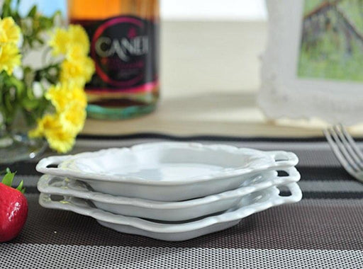 Embossed White Ceramic Serving Tray with Double Handles