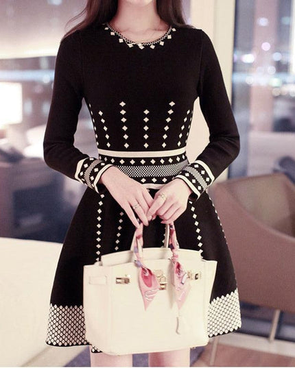 Timeless Elegance: Black Knit Pleated Dress with Korean Influence