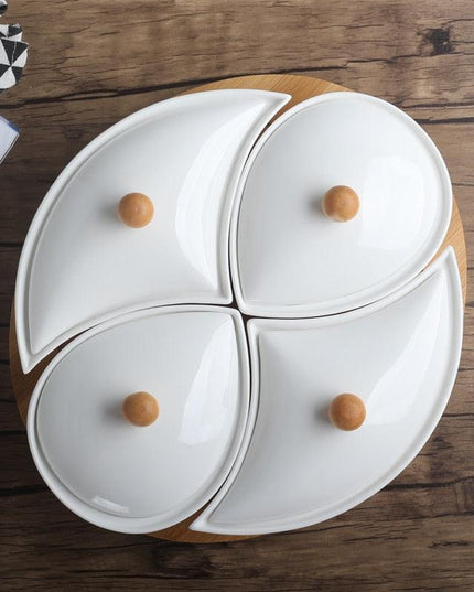 Elegant Artisan Porcelain Serving Ensemble with Sustainable Bamboo Tray