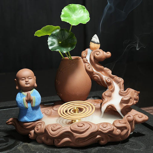 Home Decor Cute Little Monk Buddha Smoke Waterfall Censer Backflow Incense Burner - Très Elite