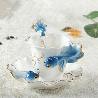 Charming 3D Goldfish Ceramic Mug Set with Matching Saucer and Spoon