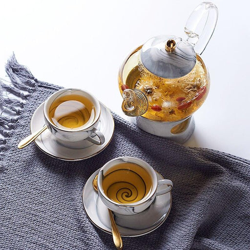Exquisite Marbled Porcelain Tea Set with Gold Accents