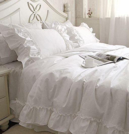 Elegant White Falbala Lace 4-Piece Bedding Set for Kids and Adults - Full, Queen, or King Sizes - Cotton Duvet Cover Set with Ruffle Lace Accents