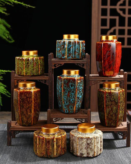 Elegant Vintage Chinese Ceramic Tea Storage Caddies - Set of 2 in Green & Black