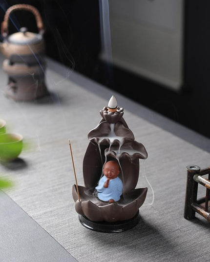 Serene Zen Monk Backflow Incense Waterfall with Illuminating LED for a Calming Environment