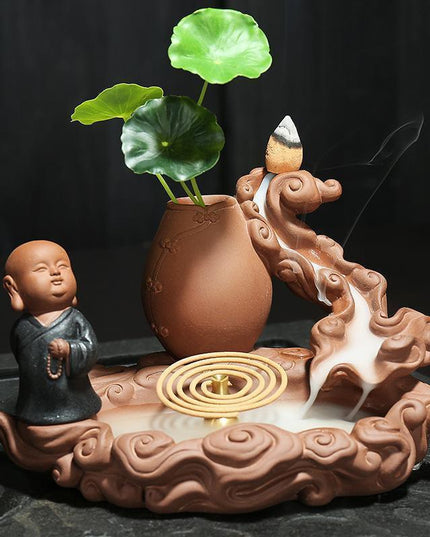 Tranquil Monk Waterfall Backflow Incense Holder with Elegant Buddha Motif - Calming Smoke Fountain for Relaxed Ambiance