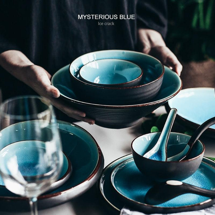 Elegant Blue Ice-Crack Glaze Ceramic Dinner Plates - Set of 4