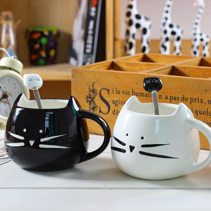 Charming Cat Ceramic Mug and Spoon Set - Delightful Drinkware for Cat Enthusiasts - 400ml Capacity