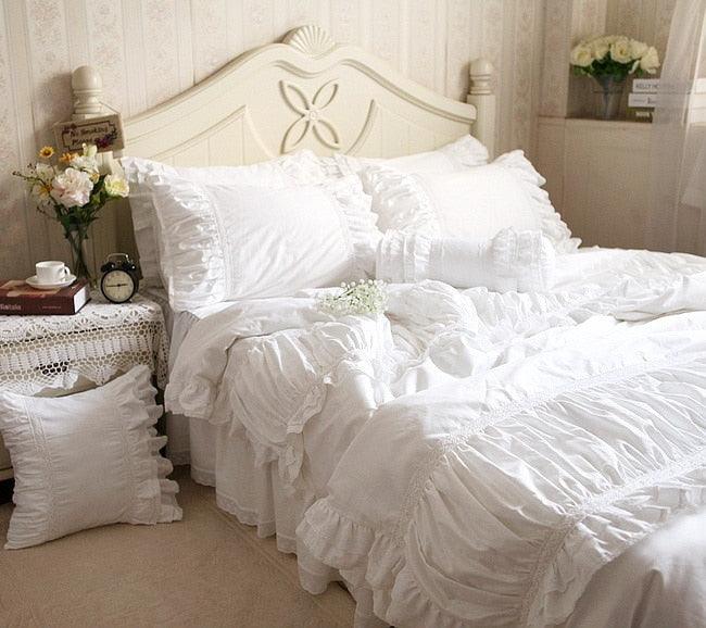 Luxurious Custom Size White Ruffle Lace Cotton Bedding Set