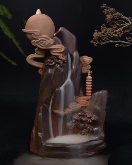 Serene Cascading Waterfall Ceramic Incense Holder - Earthy Brown Finish