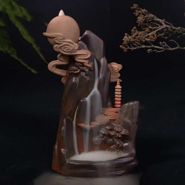 Serene Cascading Waterfall Ceramic Incense Holder - Earthy Brown Finish