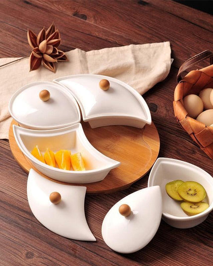 Elegant Artisan Porcelain Serving Ensemble with Sustainable Bamboo Tray