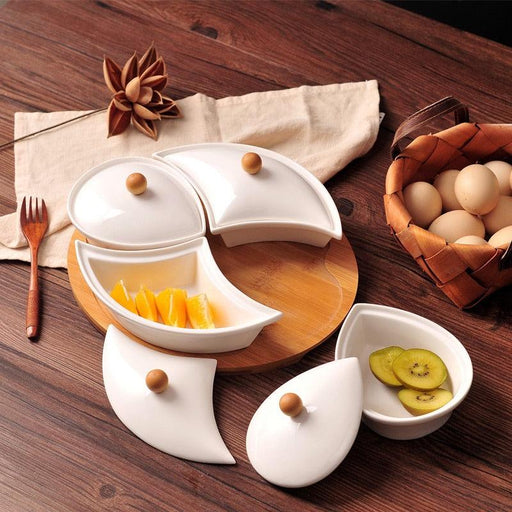 Handcrafted Porcelain Serving Tray Set with Bamboo Accent
