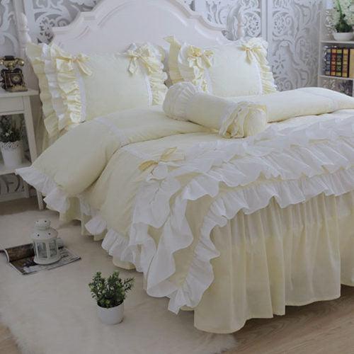 New Luxury Layers Bedding Set Sweet Princess Bow Ruffle Duvet Cover Wedding Bedding Pink Bed Sheet Girl Baby Bed Skirt Cover-0-Très Elite-light yellow-Twin Plus-Très Elite