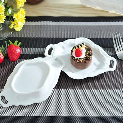 Elegant White Pottery Serving Tray with Embossed Design and Dual Handles