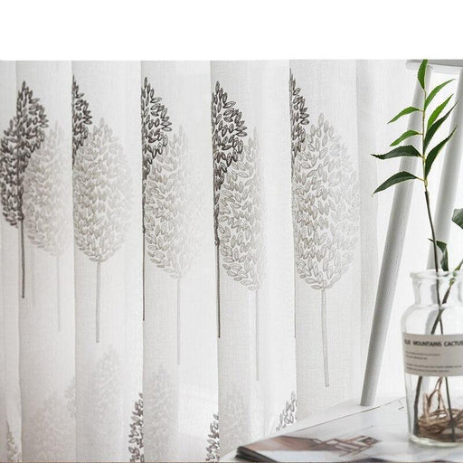 Elegantly Designed Modern Tree Embroidered Sheer White Curtains