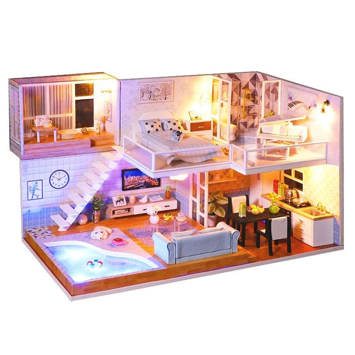 Elegant DIY Dollhouse Crafting Kit with LED Lights - Premium Wooden Miniature House