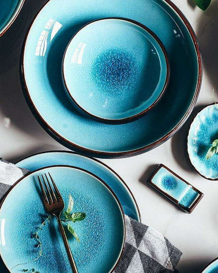 Charming Blue Ice-Crack Glaze Ceramic Dinner Plate Collection - Set of 4