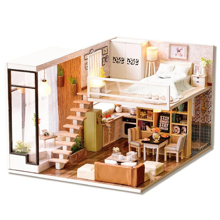 Luxurious LED-Lit Wooden Dollhouse Crafting Kit - Elegant Miniature House Kit