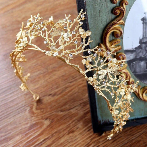 Golden Baroque Dragonfly Bridal Crown with Sparkling Rhinestone Headdress
