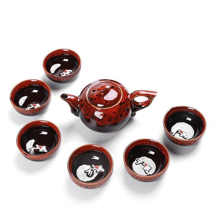 Chinese Style Ceramic Tea Ceremony Set with Teapot and Six Cups