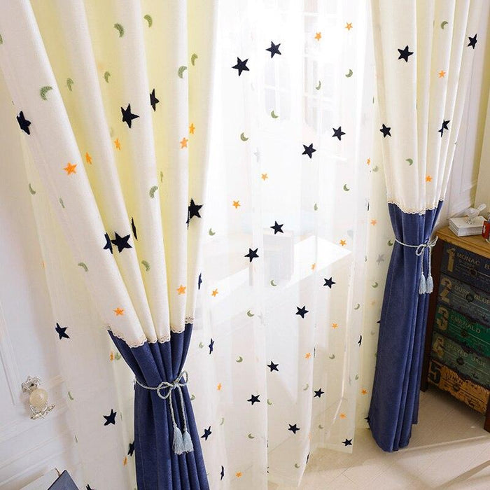 Starry Night Kids Drapes - Modern Stitching with Embroidered Celestial Designs